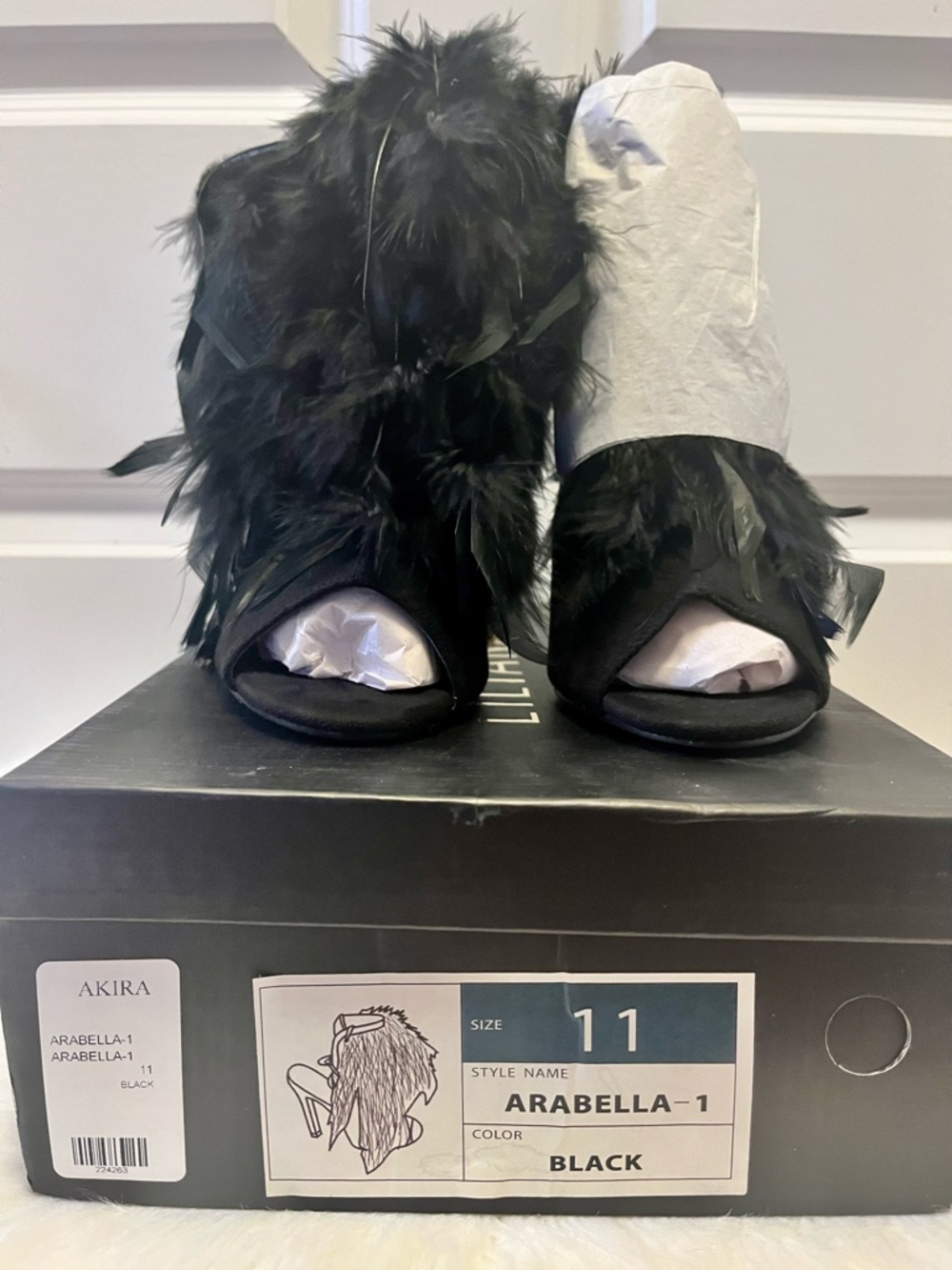 AKIRA Black Feather Trim Peep-Toe Heels (Runs small - fits like a size 10)